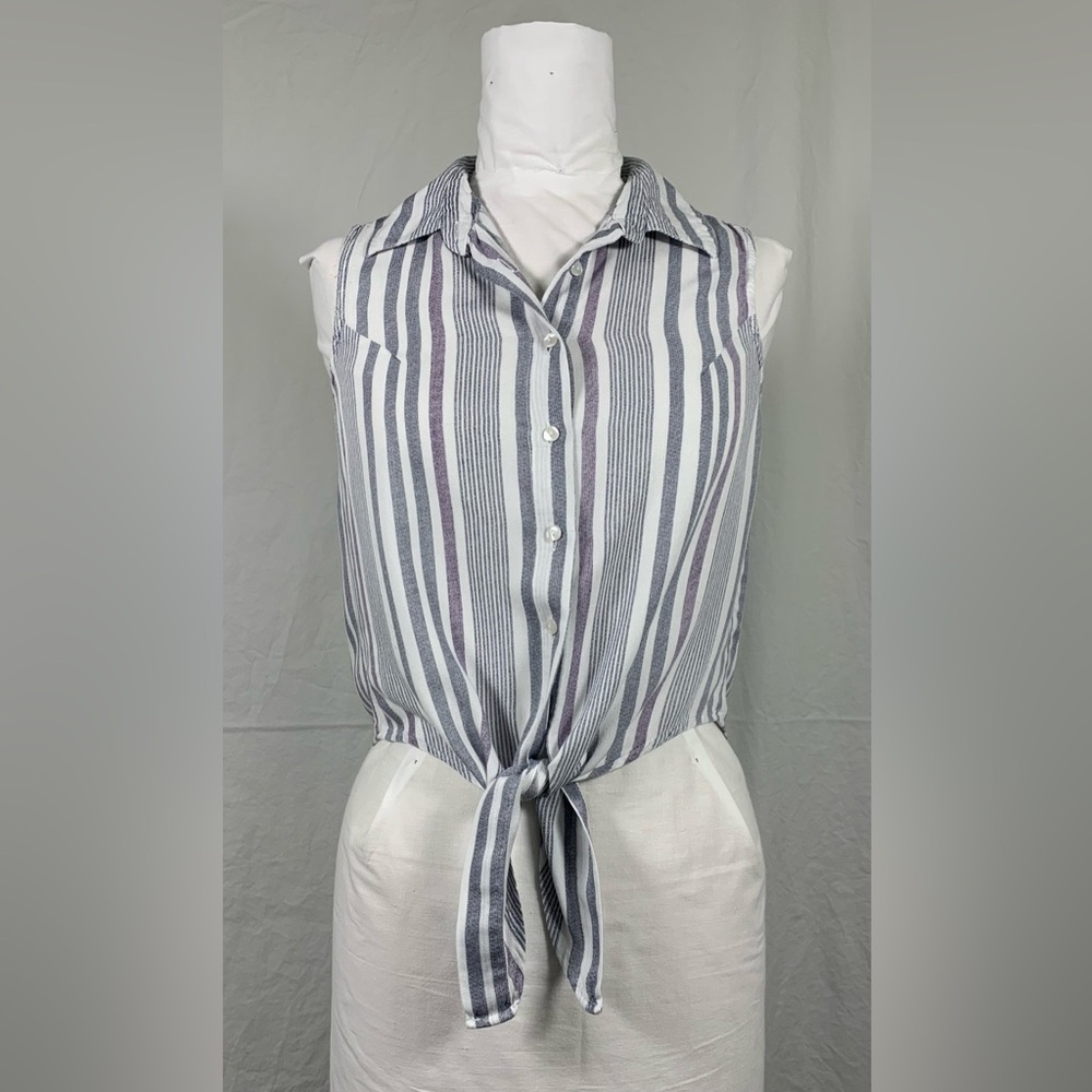 Japna Blue & White Striped Sleeveless Tie-Front Top - 100% Rayon - Size Medium